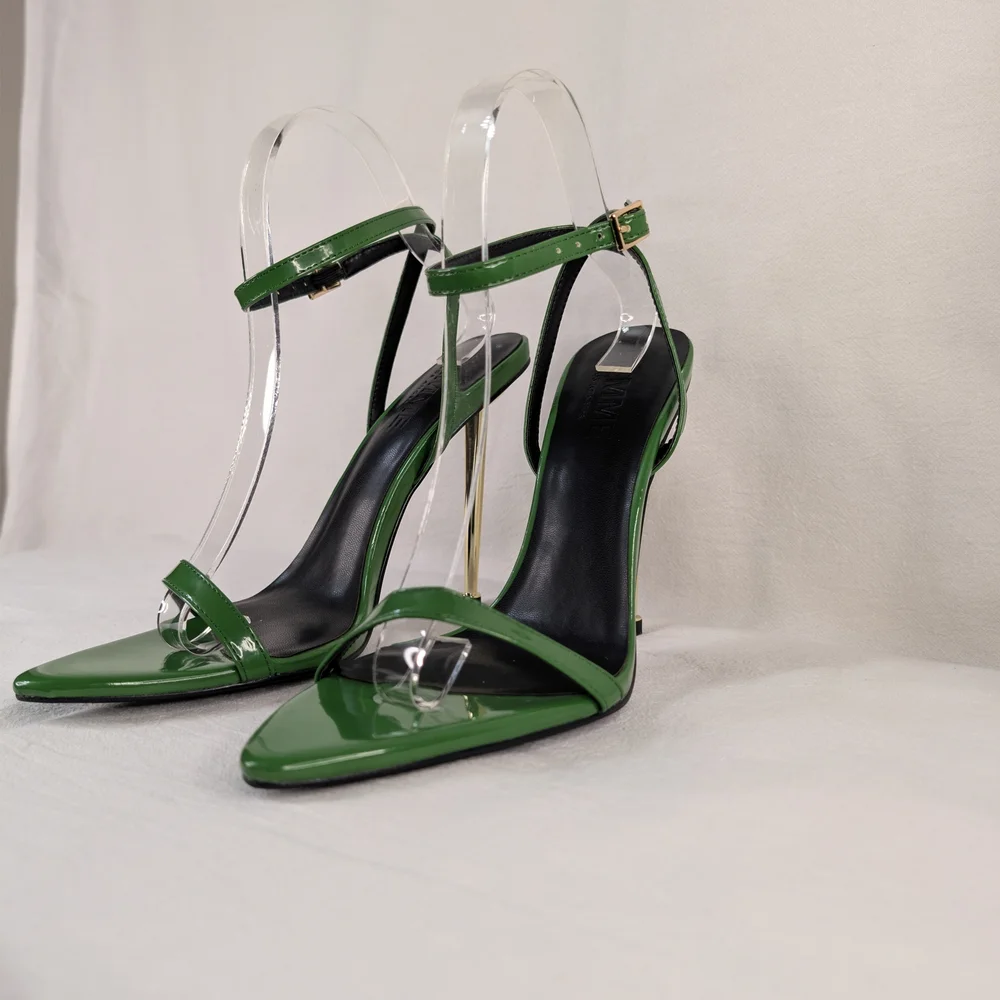 I AM FEMME Emerald Green Patent Stiletto Sandals Gold Heel Motivational Sole 8.5